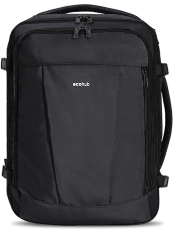 ECOHUB Mochila de Viaje Cabina Avion 40x30x20 Ryanair con 13 Compartimentos para Mujer y Hombre, Maleta Debajo del Asiento, Equipaje de Mano 24L, Recicladas, Patentado, Negro