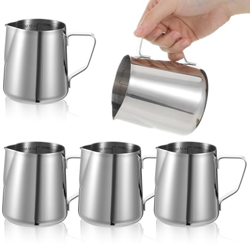 Afcabakila 6 Pcs Milk Frothing Pitcher, Coffee Milk Frother Cup, 12oz Espresso Milks Frothing Pitcher with Measurement Marks, Stainless Steel Coffee Jug for Latte Art & Cappuccino, Silver