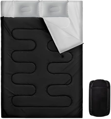 Sleeping Bag, 3-4 Season Double Sleeping Bag with 2 Pillows Camping Travel, Extra Large Lightweight Waterproof Indoor & Outdoor Use for Adults for Hiking, Backpacking and Camping