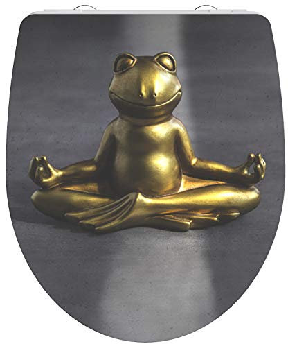 WC-Sitz - Toilettendeckel | Klodeckel mit Absenkautomatik & Schnellverschluss | Hochglanz Duroplast | Toilettensitz mit Muster (Zen-Frosch)