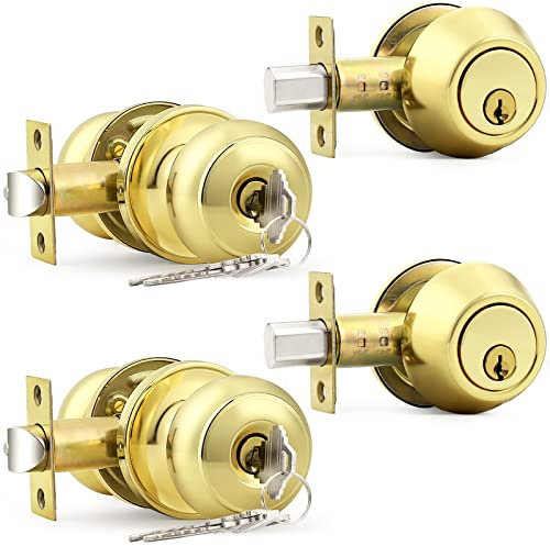 Probrico Keyed Entry Door Knobs Exterior Lockset and Single Cylinder Deadbolt Combination Set for Front Door, Polished Brass (2 Pack) Keyed Alike