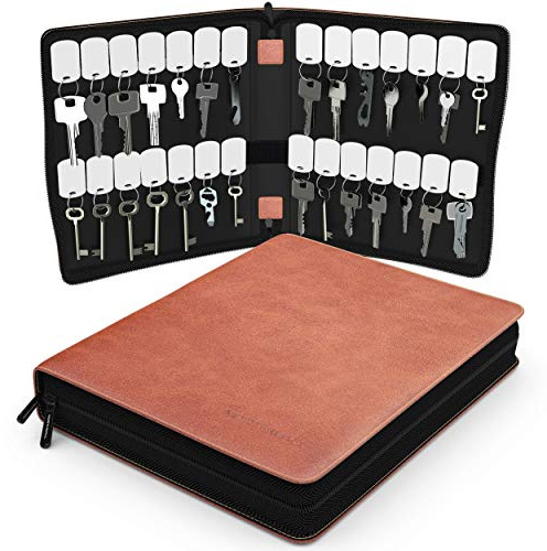 Northwall® - Schlüsseltasche - Tragbares Schlüsselorganisizer mit Reißverschluss - Leder - Schlüsselmappe - 28 Klett-Kennzeichnungen - Tragbarer Schlüsselmäppchen - Key Organizer - Braun