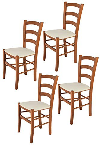 Tommychairs - 4er Set Stühle VENICE für Küche und Esszimmer, Struktur aus lackiertem Buchenholz im Farbton Kirschholz und gepolsterte gepolsterte Sitzfläche mit STOFF in der Farbe Elfenbein bezogen