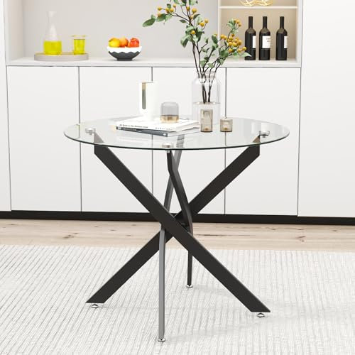 GOLDFAN Esstisch Glas Wohnzimmertisch Klein Rund Glastisch Küchentisch Moderner Tisch mit Schwarze Beine für Wohnzimmer Büro Küche