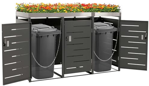 3er-Mülltonnenverkleidung HWC-H40, Mülltonnenbox, Pflanzkasten Edelstahl-Metall-Kombi 78kg 125x198x84cm erweiterbar