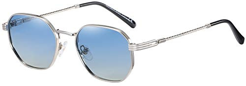 H HELMUT JUST Lunette de Soleil pour Homme Femme Verres Bleus Polarisées Rétro Octogone Argent Cadre