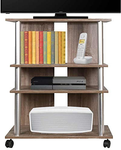 BAKAJI Mobile TV in Legno MDF con 3 Ripiani Porta Console Videogiochi DVD e 4 Ruote Mobiletto Carrello Porta Televisore Design Moderno Dimensione 60 x 45 x 80,5 cm braccio supporto braccetto (Brown)
