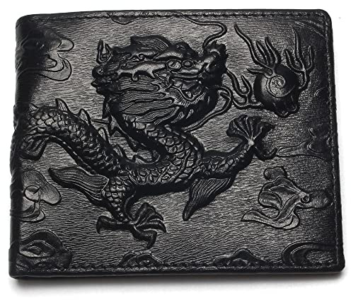 Portefeuille horizontal en cuir véritable pour homme avec porte-cartes de crédit Motif dragon, noir, 4.5 x 3.75 x 0.75 inches, Classique
