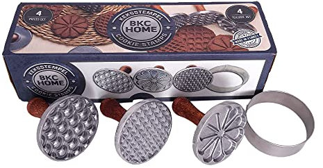 BKC HOME Timbri per biscotti Cookie Stamp – Set di 4 timbri per biscotti, 2 stili, stampini per biscotti con manico in legno, set di timbri per biscotti (stile 1 (forme geometriche)), 31xx10 x 9 cm,