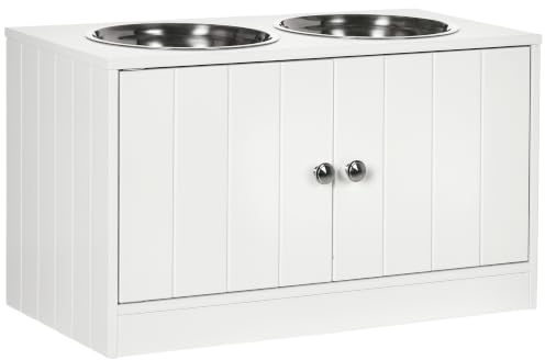PawHut Gamelles Chiens surélevées gamelle Double Chien Chat Porte-gamelles 60 x 30 x 35,5 cm 2 gamelles 2L Acier INOX incluses Bois Blanc