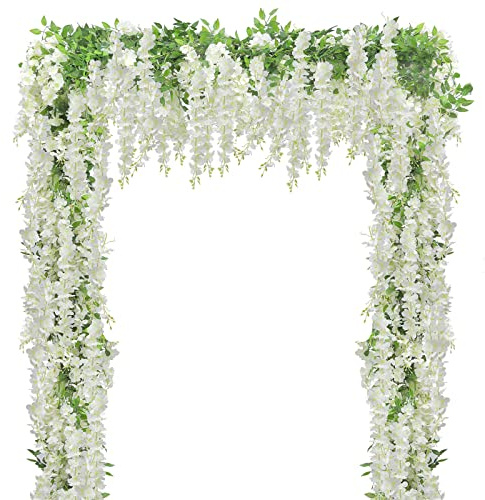 U'Artlines 5Pcs 7.2 Ft/Piece Artificial Wisteria Garland Silk Fake White Wisteria Flowers Hanging Greenery Vines Garlands Rattan for Home Garden Wedding Arch Party Indoor Outdoor Decor