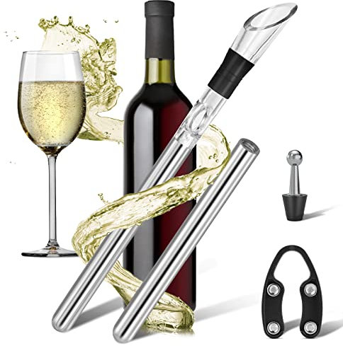 LEBEXY Weinkühlstab aus Edelstahl mit Ausgießer & Dekantier Belüfter | Geschenk für Weinliebhaber | Weinkühler kühlstange Wein Kühlstab Flaschenkühler Flaschenkühlstab Set, mit 2 Stück Kühl Stab