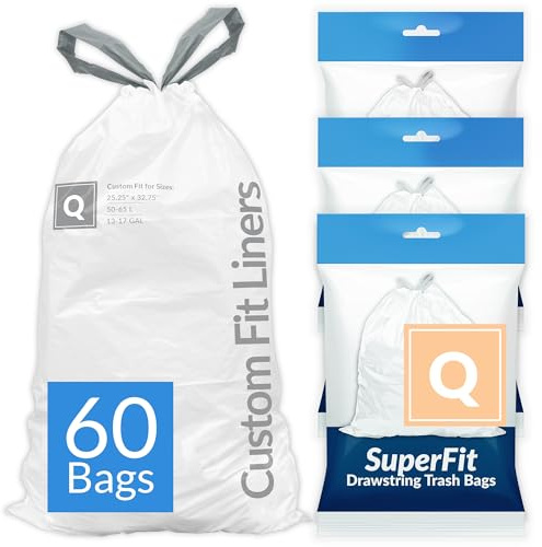 Reli. SuperFit Code Q (60 Count) | Compatible with Simplehuman Code Q | Dispenser Pack Custom Fit Liners | Drawstring Trash Bags | 50-65 Liter / 13-17 Gallon | White