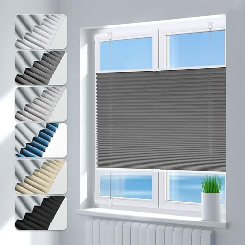 Deswell Plissee ohne Bohren Verdunkelung Klemmfix Verdunklungsplissee B100 x H100 cm Grau, 100% Blickdicht lichtundurchlässig Thermo Plissee Faltrollo Sichtschutz Sonnenschutz für Fenster Tür