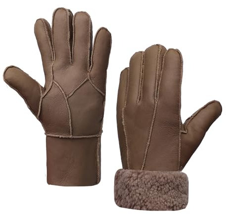 MGGMOKAY Herren Lederhandschuhe Schaffell Shearling Warme Winterhandschuhe,Braun,M