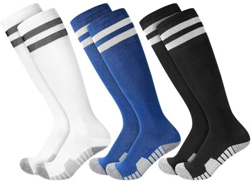 3 Paar Kinder Fußball Stutzen Fußballsocken 33-37 Fußball Fussball Socken Sportsocken Trainingssocken für Jungen Mädchen von 5-12 Jahren (DE/NL/SE/PL, Numerisch, 33, 37, Regular, Schwarz Weiß Blau)