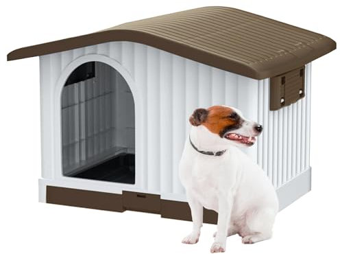 Aqpet Hundehütte aus Kunststoff für den Innen- und Außenbereich, mit erhöhtem Boden und hochklappbarem Dach, für kleine/mittelgroße Hunde, 87 x 74 x 61 cm, Braun