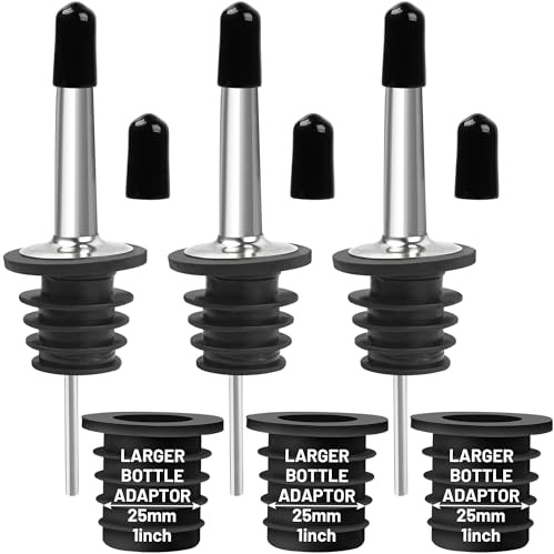 USEAMIE 3 Pack Stainless Steel Liquor Pour Spouts, Classic Bottle Pourers with 6 Caps, 3 Adapters for Large Neck Bottles, Also for Olive Oil, Juices and Syrups
