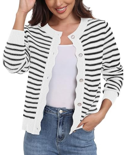 GRECERELLE Womens Lightweight Cardigan Casual Frenchy Striped Button Down Long Sleeve Knit Jumper Ladies Cardigans (White Black Striped,L)