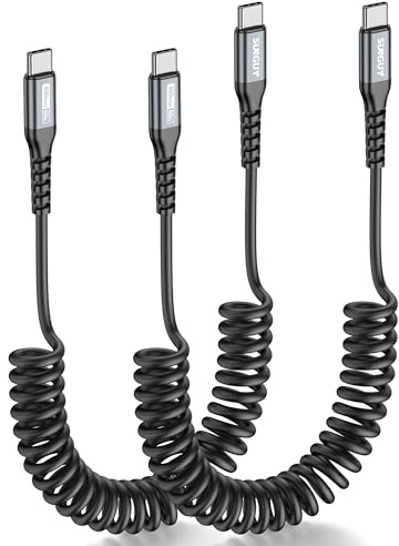 SUNGUY Cavo USB-C a USB-C Spirale, 2Pezzi 1,8M [lunghezza di allungamento consigliata: 0,5-1.2M] Android Auto Carplay cavo di ricarica USB C cavo dati per iPhone 16/15 Pro Max Macbook Galaxy-Grigio