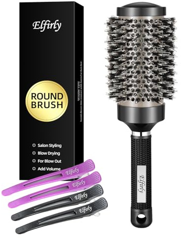 Elfirly Round Brush for Blow Out, Ionic Tech Thermal Ceramic Round Styling Hair Brush with Boar Bristles, for Blow Drying, Curling Hair, Adding Volume (Barrel 2.1 inch, 3.3 inch with Bristles)