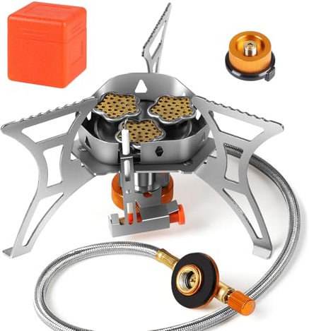 SWAWIS 6800W Estufa de Camping Plegable Estufa de Gas Portátil Mini Hornillos Camping Viento con Adaptador y Piezoeléctrico para Senderismo Camping Picnic Trekking Outdoor Wandern