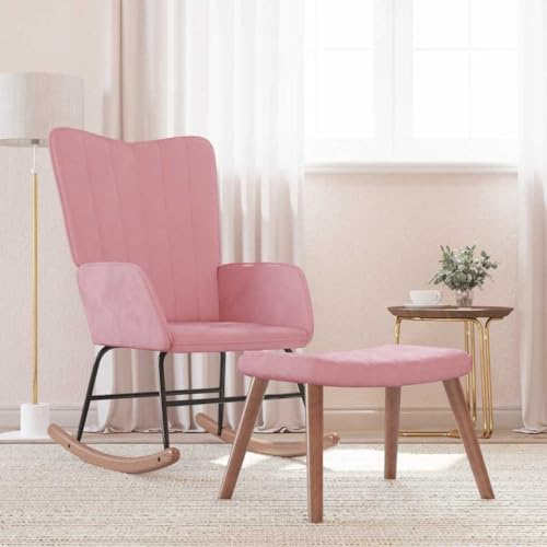 Myheimly Schaukelstuhl mit Hocker, Schwingstuhl mit Armlehne, Schaukelsessel mit Holzkufen Stahlgestell, Relaxsessel Schwingsessel Wohnzimmer, Samt Schaukelstuhl Rosa,Mit Fußablage