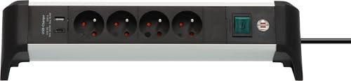 Brennenstuhl Alu-Office-Line Multiprise avec 4 Prises et USB C PD 30W et USB A 18W (Made in Germany, Multiprise idéale pour Le Bureau, câble de 1,8m, avec Interrupteur)