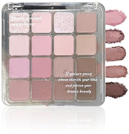 Pink Eyeshadow Palette, 16 Colors Glitter Matte Eye Shadow Pallets for Women, Pink Brown Tones Smokey Eye Makeup Palette, Long Lasting Blendable Pressed Powder Eyeshadow Makeup Gift