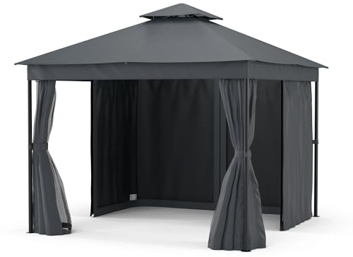 blumfeldt Mondo Dual Tonnelle 3x3 - Double Toit & Moustiquaires, Armature Métallique Résistante, Rideaux Inclus, Tonnelle de Jardin Extérieur, Facile à Assembler, Gris Foncé