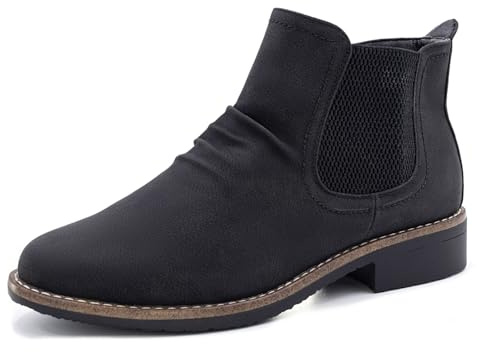 Cushion Walk Women's EEE Extra-Wide Fit Chelsea Ankle Boots - Faux Nubuck Leather Ruched Block Heel Boots with Inside Zip & Anti-Slip Sole (UK Size 8 EEE, Black Nubuck)