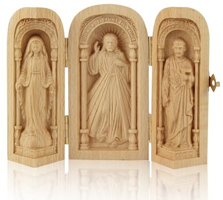 Suerhatcon Kleine Reise Altar Holz Tragbare Kirche | Jesus Gottesmutter und Joseph Triptychon Statue Religiöse Geschenke