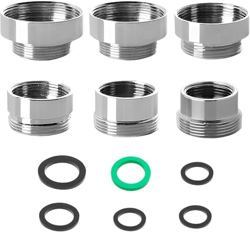 GIONAR Lot de 6 adaptateurs de robinet en cuivre plaqué argent, 6 tailles universelles (16/18/20/24/26/28 mm femelle vers 22 mm mâle), pour aérateurs/douches/tuyaux de jardin, avec rondelles en