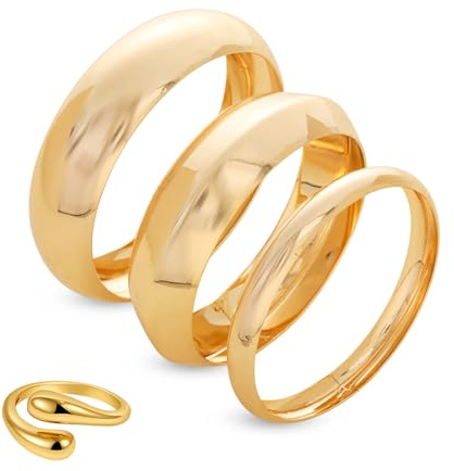 Leikedun 3Pcs Chunky Gold Bangles with 1pcs Gold Rings for Women, Fashionable Stackable Bracelets Wide Wrist Bracelets Open Adjustable Ring Jewellery Gift for Women Girl