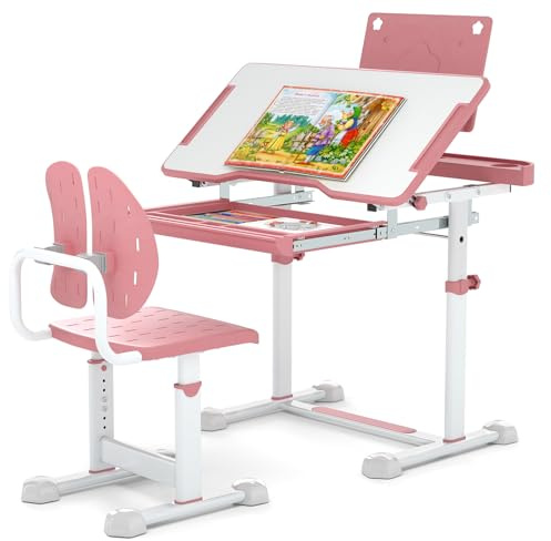 COSTWAY Schreibtisch Kinder mit Stuhl, Kinderschreibtisch höhenverstellbar mit neigbarer Tischplatte, Jugendschreibtisch mit Schublade & Buchständer für Jungen & Mädchen ab 3 Jahren (Rosa)