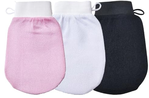 Shirene Guantes Exfoliantes,3pcs Guantes Exfoliantes para Exfoliación Corporal Eliminación Ducha en Belleza para Limpiar Euerpo en Negro, Blanco y Rosa, Hechos de Fibra de Viscosa