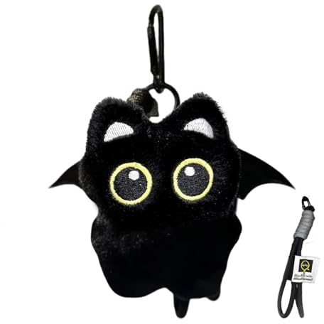 VOYANTE Schwarze Schlüsselanhänger Katze, Niedlich Katze Schlüsselanhänger Plüsch mit Geisterflügel Muster, Verspielt Taschenanhänger Keychain, Geburtstagsgeschenk für Mädchen Katzenliebhaber
