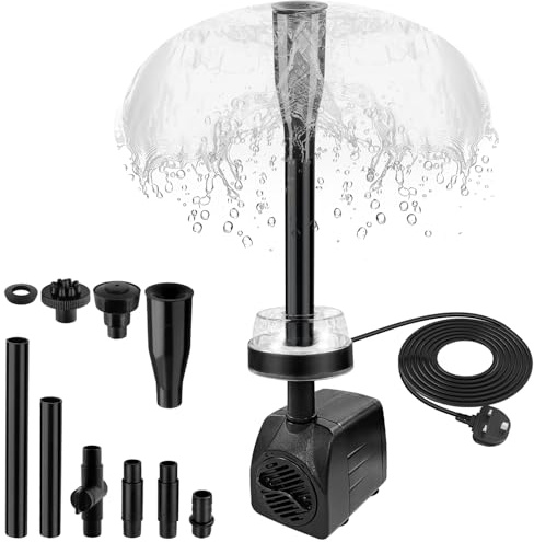 NATPOW Submersible Water Pump, 800L/H Mini Fountain Pump with Cool White LED Lights, 3M Cable Pond Pump with 4 Nozzles for Water Feature, Aquarium, Ponds, Outdoor Fountain