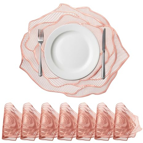 QUARKZMAN Set Di 8 Sottopiatti Rotondi Floreali In Rosa Oro Per Tavoli Da Pranzo Sottopiatti In Polivinile Metallico Lavabili Per Decorazione Tavolo (15 x 15/38 x 38cm)