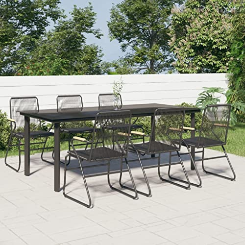 QJBSAVVA Set di mobili da giardino, 7 pezzi, nero, 200 x 100 x 74 cm, in rattan PVC e vetro con 6 comode sedie, robusto gruppo da pranzo per esterni, per terrazze, giardino, balcone