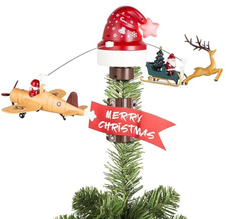 Lumineo Christbaumspitze mit fliegendem Weihnachtsschlitten Flugzeug Bewegung Musik LED