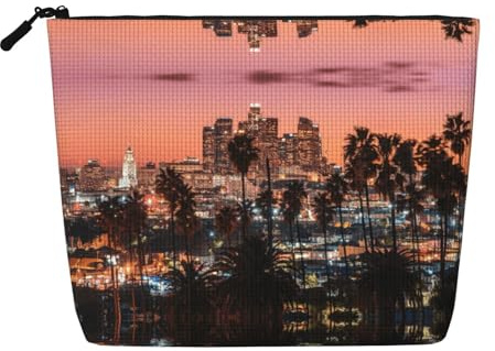 Los Angeles Palm Trees Cosmetic Organizer Large Fake Hemp Bag, Water Resistant Zippered Pouch for Daily Travel