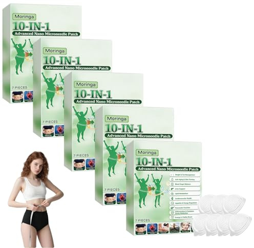 Moringa Schlankheitspflaster, 10 in 1, Nano-Microneedle Schlankheitspflaster mit Berberin & NAD+, natürliche Inhaltsstoffe, strafft die Haut, einfach anzuwenden, ideal für Damen und Herren (5 Boxen)