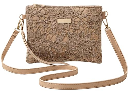 BSITSSS Sac a Main Femme, Fleurs Ajourées Pochette Femme avec Réglables Bandoulière, Marron Fleurs Brodées Cuir Sac Bandouliere pour Mariages Cocktails Cérémonies Shopping Travail Voyages