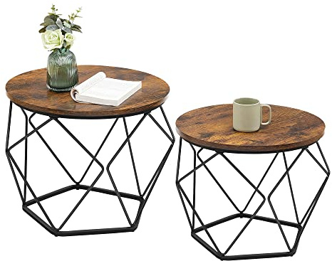 VASAGLE Small Coffee Table Set of 2, Round Coffee Table with Steel Frame, Side End Table for Living Room, Bedroom, Office, Rustic Brown and Ink Black