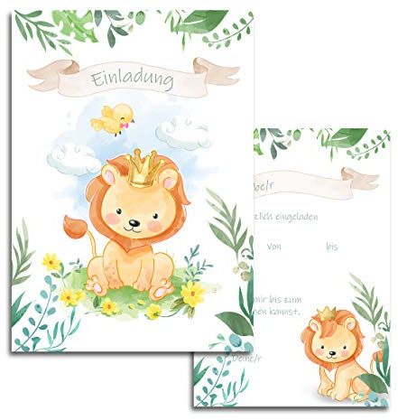 E&G Klasse 10x Kinder Einladungskarten Kindergeburtstag Löwe Mädchen Jungen 10x15 cm Party Geburtstag Taufe Einladung Prinz Dschungel Tiere Grün Beige