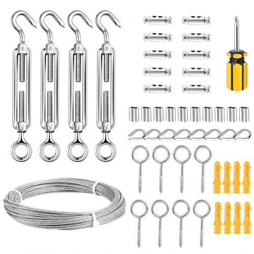 Drahtseil 2 mm Set, M5 Seilspanner Edelstahl, 20 m PVC-ummantelt Stahlseil mit ösen, Mehrzweck-Drahtseil für Wäscheleine Kabel, Gardinen seil