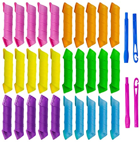 30pcs Heatless Hair Curlers Rollers Spiral Curls Styling Kit with 2 Sets Styling Hooks,No Heat Curlers for Women Girl's (12 Inch/30 cm).