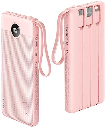 VRURC Power Bank 10000mAh Batería Externa con 4 Cables de Carga Integrados UCB C Cargador Movil Portátil Pantalla Digital LED con 4 Salidas y 2 entradas Compatible con Huawei y Smartphone - Rosado