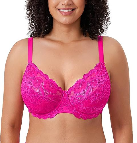 DELIMIRA Donna Reggiseno con Ferretto Taglie Forti Pizzo Senza Imbottito Sostegno Rosa Glitterato 5D